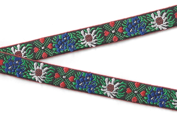 HEARTS/FLOWERS E-16-A Jacquard Ribbon Poly Trim 15/16" Wide (24mm) Black Background w/Red Hearts, Large White Edelweiss & Small Blue Flowers