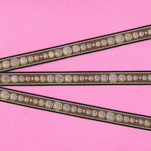 Cinta de jacquard con lunares B-02-B, ribete de poliéster, 1/2" de ancho (13 mm), rara, fabricada en Francia, marrón con lunares jaspeados de rosa, amarillo, azul y verde
