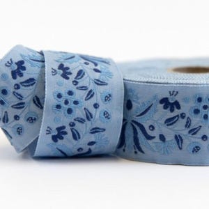 KAFKA G-19/06 Jacquard Ribbon Organic Cotton Trim 1-1/4" wide (32mm) "Frida" Blue w/Navy Flowers