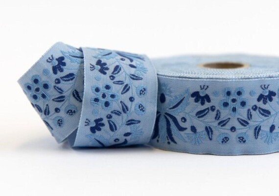 KAFKA G-19/06 Jacquard Ribbon Organic Cotton Trim 1-1/4" wide (32mm) "Frida" Blue w/Navy Flowers