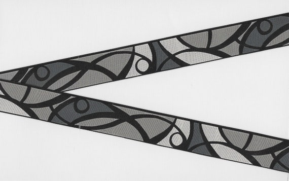 GEOMETRIC F-09-D Jacquard Ribbon Poly Trim, 1" Wide (25mm) Made in France Abstract "Stained Glass" in Lt & Dark Gray w/Black Lines, Per Yard