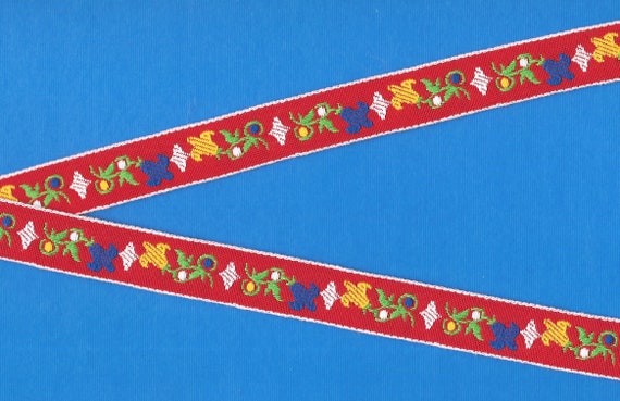FLORAL D-22-B Jacquard Ribbon Cotton Trim 3/4" wide (20mm) Red w/White Borders, Blue & Yellow Tulips, White Accents, Green Stems