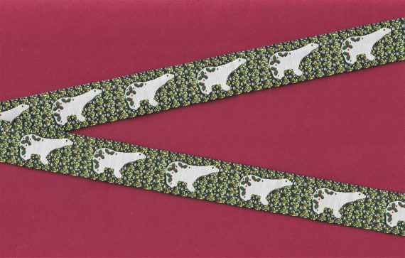 HOLIDAY E-26-A Jacquard Ribbon Poly Trim 7/8" wide (22mm) Holly & Berry Polar Bear on a Green Background Design w/Green Leaves