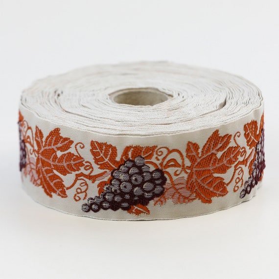 KAFKA G-09/05 Jacquard Ribbon Woven Organic Cotton Trim 1-1/4" wide (32mm) Beige Background, Purple & Gray Grapes, Copper Leaves