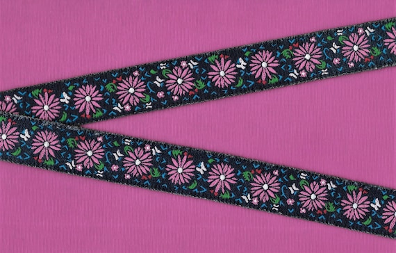 FLORAL F-36-C Jacquard Ribbon Trim, Polyester, 15/16" Wide, Navy w/Pink Flowers, Beige Butterflies, Blue, Green & Red Accents, Per Yard