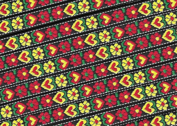 HEARTS/FLOWERS B-14-A Jacquard Ribbon Poly Trim 3/8" Wide (9mm) NORDIC, Black Background w/Red/Yellow Hearts & Flowers, Green Accents