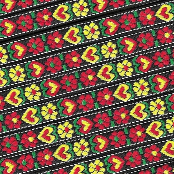 HEARTS/FLOWERS B-14-A Jacquard Ribbon Poly Trim 3/8" Wide (9mm) NORDIC, Black Background w/Red/Yellow Hearts & Flowers, Green Accents