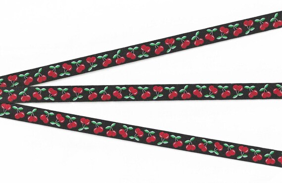 NOVELTY/Fruit B-08-A Jacquard Ribbon Poly Trim, 1/2" Wide (13mm) Made in Germany, Cherries w/Green Stems on Black Background, REMNANTS