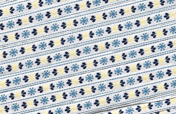 FLORAL A-34-B Jacquard Ribbon Cotton Trim 3/8" wide (9mm) VINTAGE White Background w/Sky Blue & Yellow Flowers, Navy Blue Accents