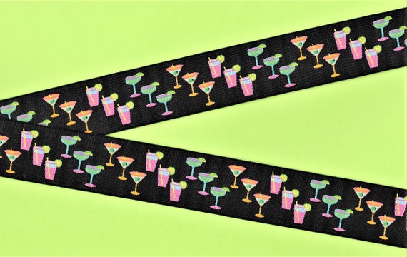 NOVELTY G-06-A Jacquard Ribbon Poly Trim 1-1/8" wide (28mm) Douglas Paquette, "Mixed Drinks" Black Background, Cocktails, Per Yard