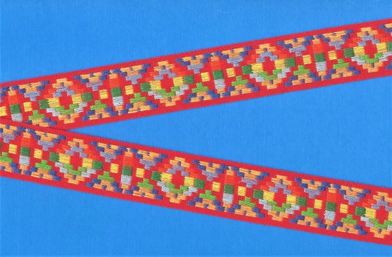 NATIVE AMERICAN G-03-D Jacquard Ribbon Poly/Cotton, 1-1/8" Wide (28mm) Red w/Bright, Primary Multi-Colored Tribal Design, Priced Per Yard