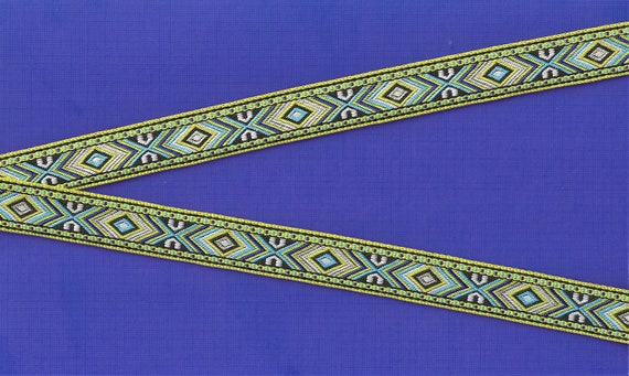 NATIVE AMERICAN C-09-D Jacquard Ribbon Polyester Trim 5/8" wide (16mm) Shades of Blue, Green & White on Black Tribal Aztec Design, Per Yard