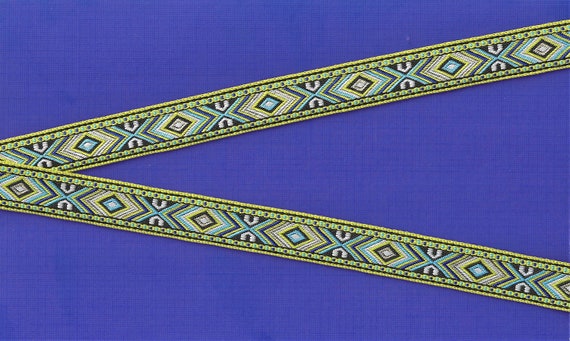NATIVE AMERICAN C-09-D Jacquard Ribbon Polyester Trim 5/8" wide (16mm) Shades of Blue, Green & White on Black Tribal Aztec Design