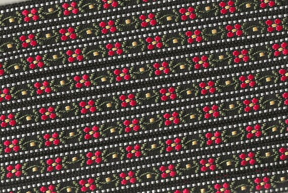 FLORAL B-23-A Jacquard Ribbon Polyester Trim 7/16"wide Black w/Red & White Flowers, Yellow Accents, Olive Green Leaves