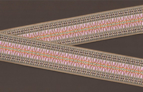 NATIVE AMERICAN K-06-T Jacquard Ribbon Poly Trim 2" Wide (50mm) REVERSIBLE, Beige w/Pink, Brown, Orange & White Accents, 25" Remnant