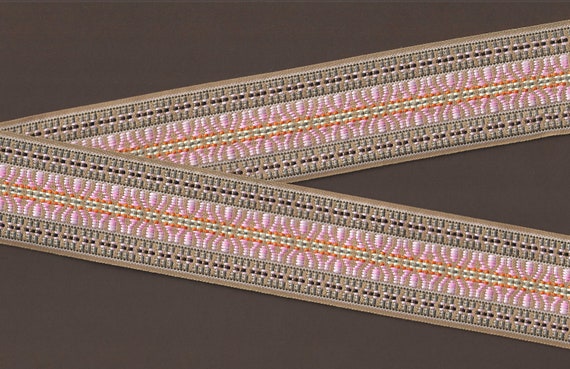 NATIVE AMERICAN K-06-T Jacquard Ribbon Poly Trim 2" Wide (50mm) REVERSIBLE, Beige w/Pink, Brown, Orange & White Accents, Per Yard