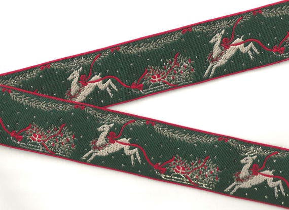 HOLIDAY M-11-B Jacquard Ribbon Cotton Trim 2-1/8" wide (54mm) VINTAGE from Germany, Green w/Reindeer