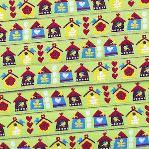 ANIMAIS/Pássaros C-16-A Fita Jacquard de Poliéster com 16 mm de largura, fabricada na Alemanha, verde-limão, casas para pássaros e filhotes multicoloridas