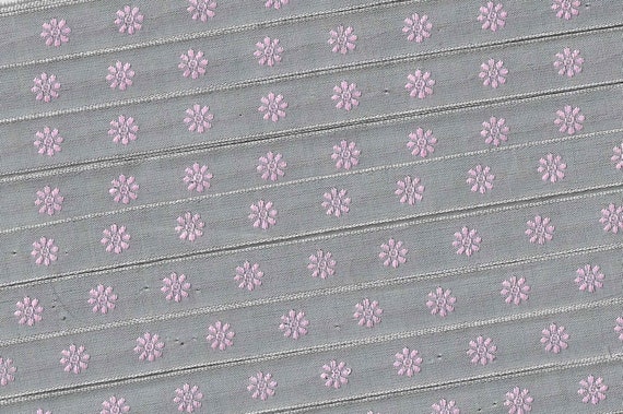 KAFKA A-08/25 Jacquard Ribbon Organic Cotton Woven Trim 7/16" wide (10mm) Lt Gray Background w/Small Pastel Pink Flowers