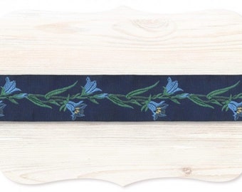 KAFKA G-02/05 Jacquard Ribbon Woven Organic Cotton Trim 1-1/4" Wide (32mm) Navy w/Blue & Yellow Bell Flowers, Green Stems/Leaves, Per Yard