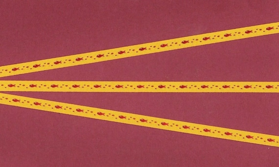 ANIMALS/Water A-01-B Jacquard Ribbon Poly Trim 1/4" wide (6mm) VINTAGE & RARE, Bright Yellow Background w/Petite Red Fish and Dot Accents