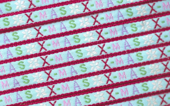 HOLIDAY A-22-A Jacquard Ribbon Cotton Trim 7/16" wide (11mm) From Germany, Blue w/ Snowflakes & X-MAS wording