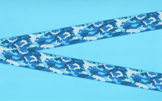 GEOMETRIC E-20-A Jacquard Ribbon Polyester Trim 7/8" wide (22mm) Camouflage Pattern in Shades of Blue, Priced Per Yard