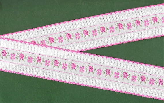 FLORAL H-04-C Jacquard Ribbon Cotton Trim 1-3/4" wide (44mm) White w/Pink Picot Edge, Variegated Pink Flowers, Olive Green Leaves, Per Yard