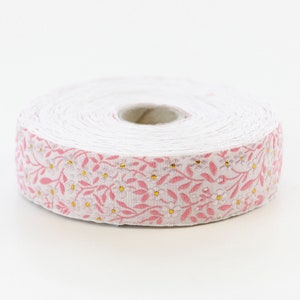 KAFKA F-01/10 Jacquard Ribbon Woven Organic Cotton Trim 1&quot; wide (25mm) White w/Pink & Metallic Gold Forget-Me-Nots, Pink Leaves