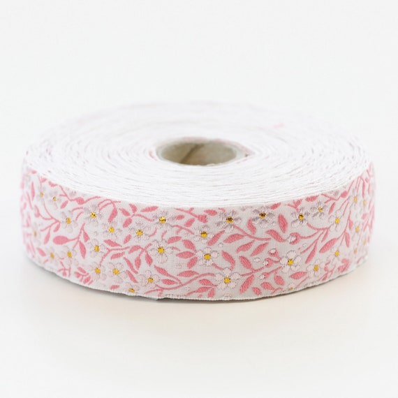 KAFKA F-01/10 Jacquard Ribbon Woven Organic Cotton Trim 1" wide (25mm) White w/Pink & Metallic Gold Forget-Me-Nots, Pink Leaves