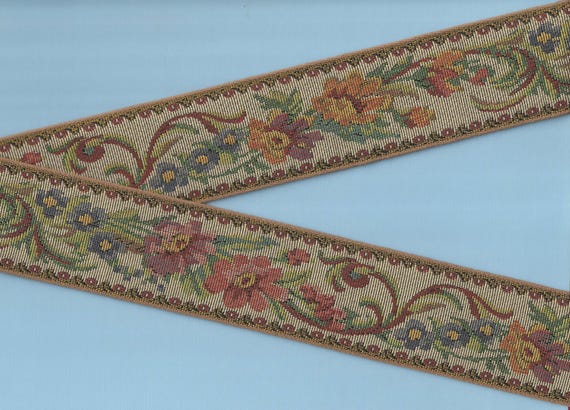FLORAL TAPESTRY M-08-P Jacquard Ribbon Cotton Trim 2-1/8" wide (54mm) Vintage Beige w/Plum, Pink, Blue, Red & Gold Flowers, Green Leaves