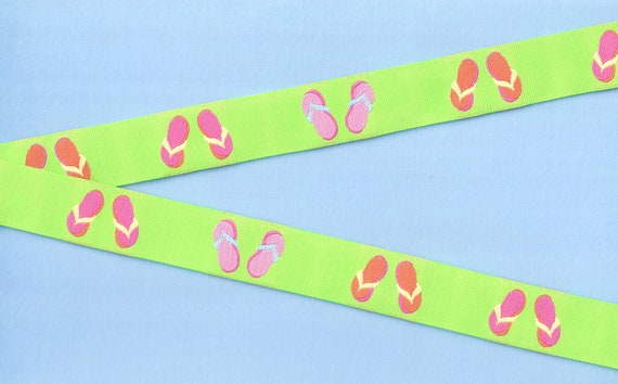 NOVELTY/Beach E-06-D Jacquard Ribbon Poly Trim 7/8" wide (22mm) Lime Green w/Bright, Multi-Color Flip Flops Beach Sandals