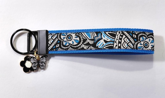 FLORAL (Black, White, Blue) Jacquard Ribbon/Nylon Web 1" wide (25mm) 5.5" long Key Fob/Wristlet & Charms