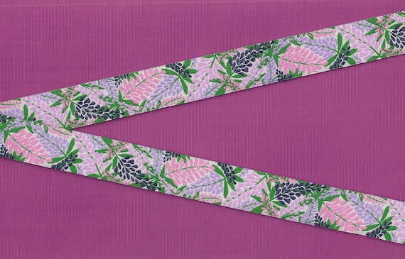 FLORAL E-27-A RDS Jacquard Ribbon Poly Trim, 7/8" Wide (22mm) Lupine Flowers in Pink, Purple, Lilac & Navy w/Green Leaves, Per Yard