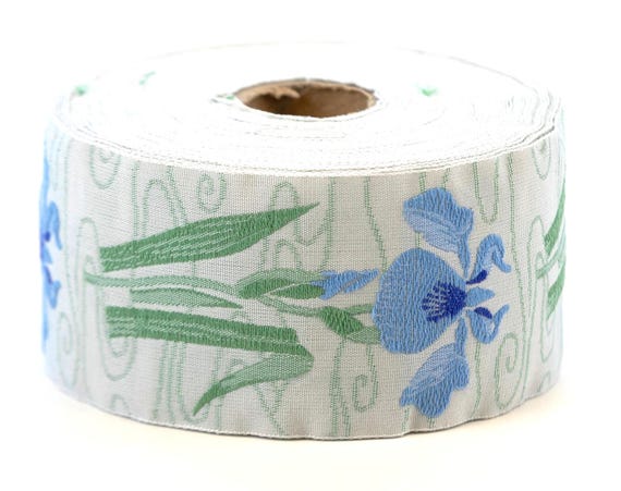 KAFKA H-10/06 Jacquard Ribbon Woven Organic Cotton Trim 1-1/2" wide (38mm) Lt Gray Background w/Blue Irises, Green Leaves/Stems