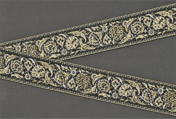 VINTAGE FLORAL J-21-A Jacquard Ribbon FRENCH Cotton Trim, 1-7/8" Wide (45mm) Black, Gray & Mustard Gold Floral "Arabesque" Priced Per Yard
