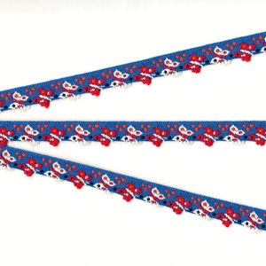 INSECTS B-02-A Jacquard Ribbon Cotton Trim 1/2" wide (13mm) Red & White Butterflies w/Fringe Accents on Royal Blue