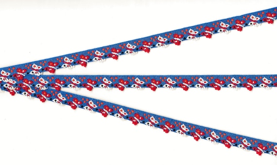 INSECTS B-02-A Jacquard Ribbon Cotton Trim 1/2" wide (13mm) Red & White Butterflies w/Fringe Accents on Royal Blue