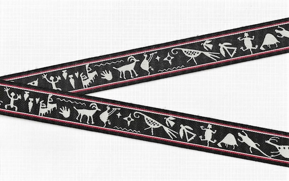 NATIVE AMERICAN F-32-A Jacquard Ribbon Poly Trim 1" Wide (25mm) **Peel & Stick Backing** Black w/Red Borders, Southwest Symbols, Per Yard