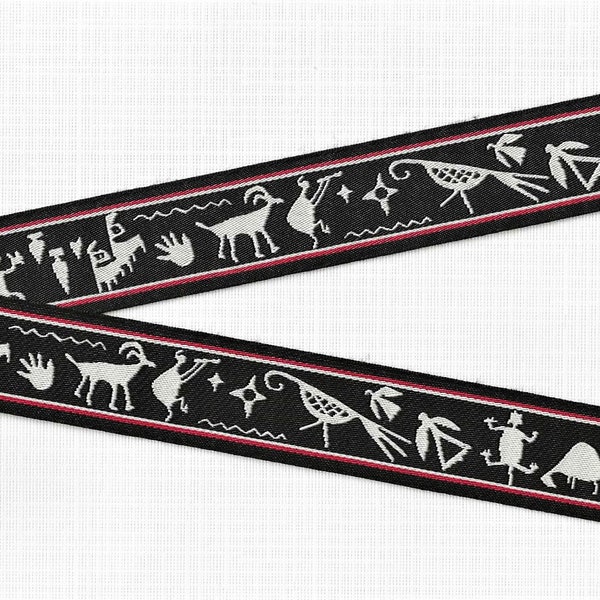 NATIVE AMERICAN F-32-A Jacquard Ribbon Poly Trim 1" Wide (25mm) **Peel & Stick Backing** Black w/Red Borders, Southwest Symbols, Per Yard