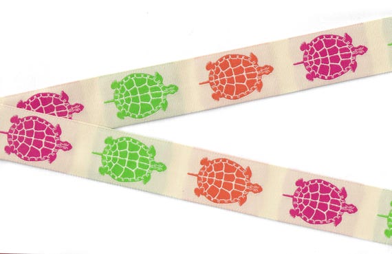 ANIMALS/Water G-17-A Jacquard Ribbon Poly Trim 1-1/8" wide (28mm) Yellow w/Pink, Green & Orange Turtles