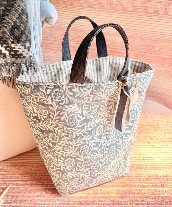 ATENTI "RHAPSODY" Blue-Gray Floral & Vine, Hope Basket Needle Arts/Knitting Project Bag, Handmade USA