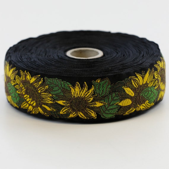 KAFKA G-18/07 Jacquard Ribbon Woven Organic Cotton Trim 1-1/4" wide (32mm) Black w/Yellow & Brown Sunflowers, Green Leaves