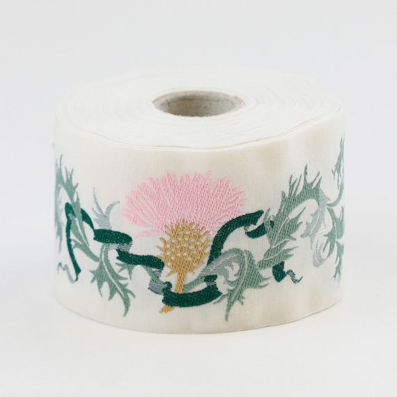 KAFKA K-01/06 Jacquard Ribbon Woven Organic Cotton Trim 2" wide (50mm) Ivory w/Pink Thistles. Dark Green Ribbons & 2-Tone Green Leaves