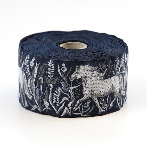 KAFKA K-06/02 Jacquard Ribbon Woven Organic Cotton Trim 2" wide (50mm) Navy, White/Gray Horses & Grasses, Metallic Blue Accents