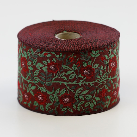 KAFKA L-01/14 Jacquard Ribbon Woven Organic Cotton 2-3/8" wide (60mm) Burgundy w/Dk Red & Pink Wild Roses, Green Leaves