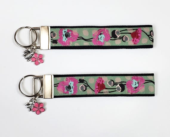 FLORAL (Pink Poppies) Jacquard Ribbon/Nylon Web 1" wide (25mm) 5.5" long Key Fob w/Charms