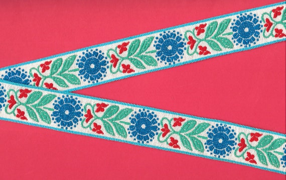 FLORAL G-26-A Jacquard Ribbon Trim, Cotton 1-1/8" wide (28mm) White w/Turquoise Border, Blue Flowers, Teal Leaves, Red Accents, Per Yard