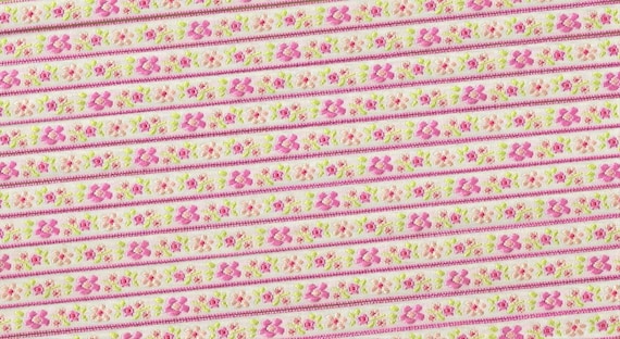 FLORAL A-14-B Jacquard Ribbon Poly Trim 3/8" Wide (9mm) White Background, Pink Border, Baby Pink/Pink Flowers, Lt. Green Leaves