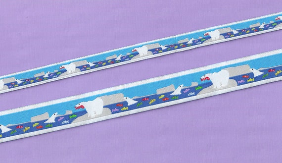 ANIMALS/Water 20-B Jacquard Ribbon Polyester Trim, Blue Background w/White Polar Bears Fishing, Bright Colored Fishes! Choose Width/Length